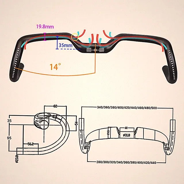 BALUGOE 14° Carbon Handlebar Road Gravel Track Fixied Bike Drop Bar 340-500mm