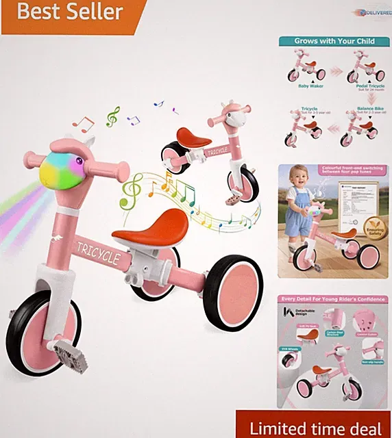 Toddler Balance Bike Kids Tricycle with Lights Music Removable Pedal Pink